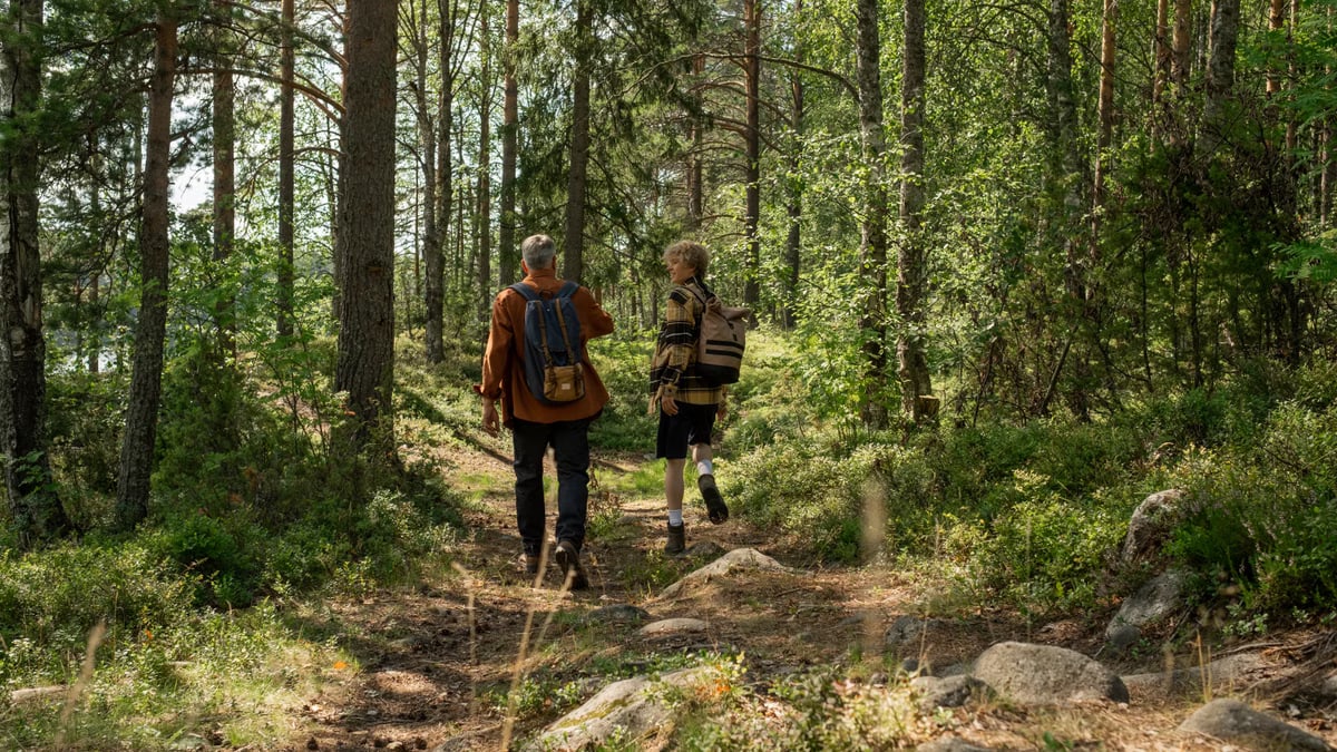 Grandfather and grandson hiking together in a lush green forest during summer.